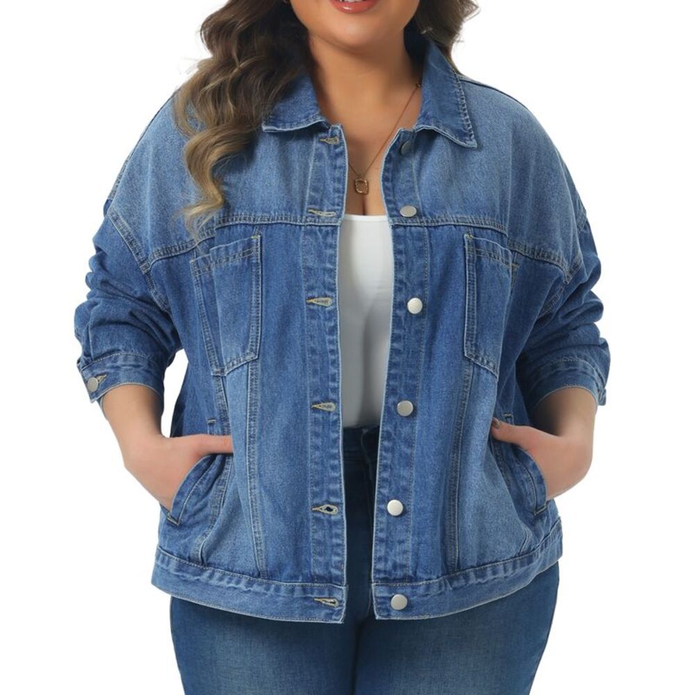 Women Plus Size Button Washed Western Denim Jacket Blue